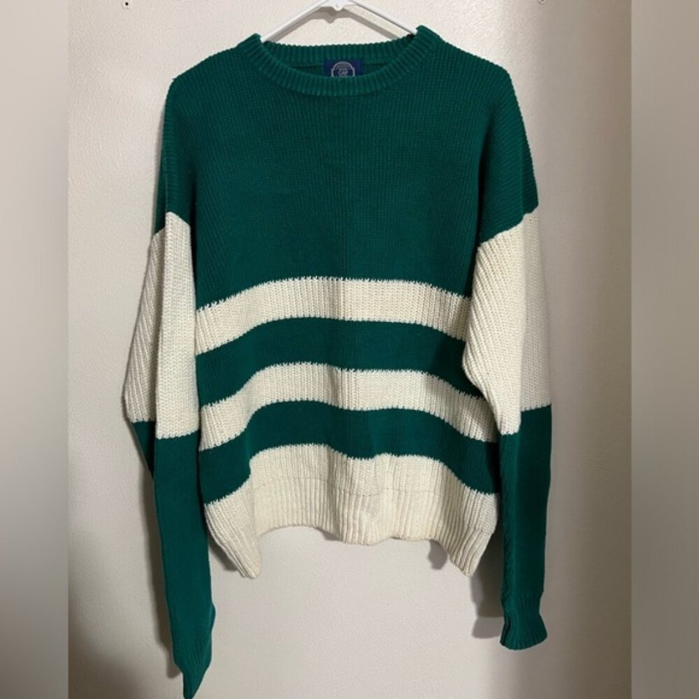 GAP Vintage Blue Label Striped Knit Sweater in Green and Cream HEAVYWEIGHT Sz. L